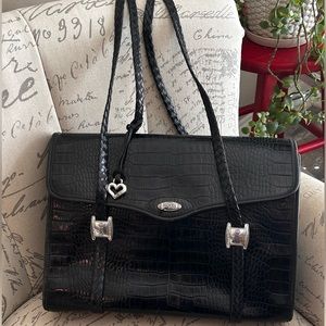 Vintage Brighton Black Croc Embossed Leather Laptop Bag, w/ Silver-toned Accents